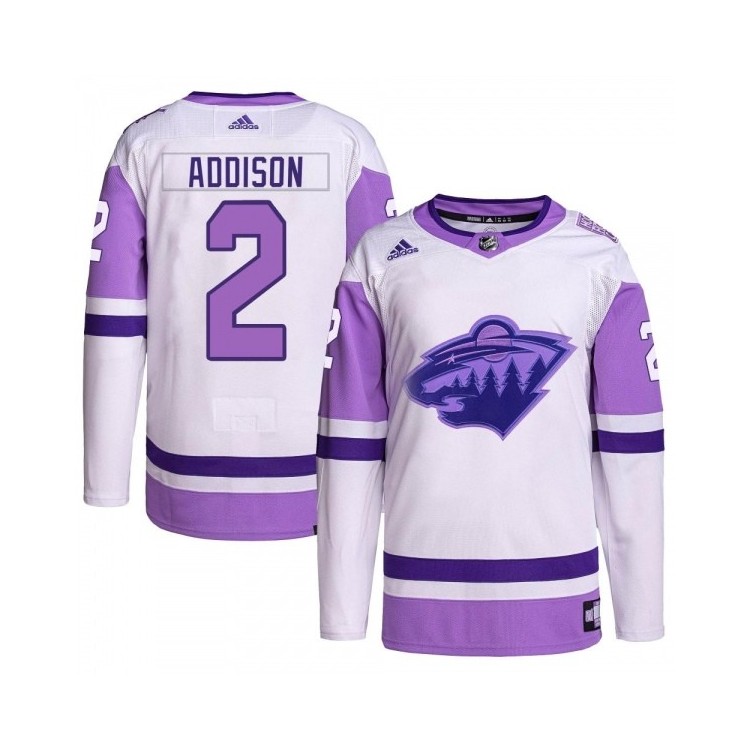 Men's Calen Addison Hockey Fights Cancer Jersey - Adidas Primegreen White/Purple Wild Authentic NHL
