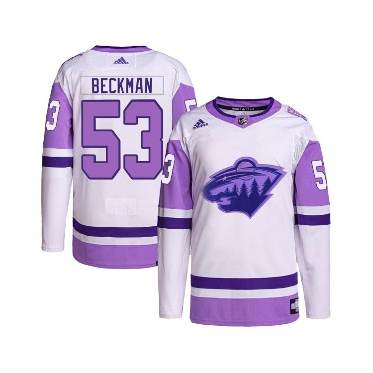 Youth Adam Beckman Minnesota Wild Adidas Hockey Fights Cancer Primegreen Jersey - Authentic White/Purple, Stand with the Cause