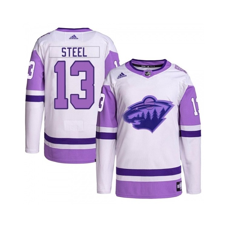 Men's Sam Steel Minnesota Wild Adidas Hockey Fights Cancer Primegreen Jersey - Authentic White/Purple