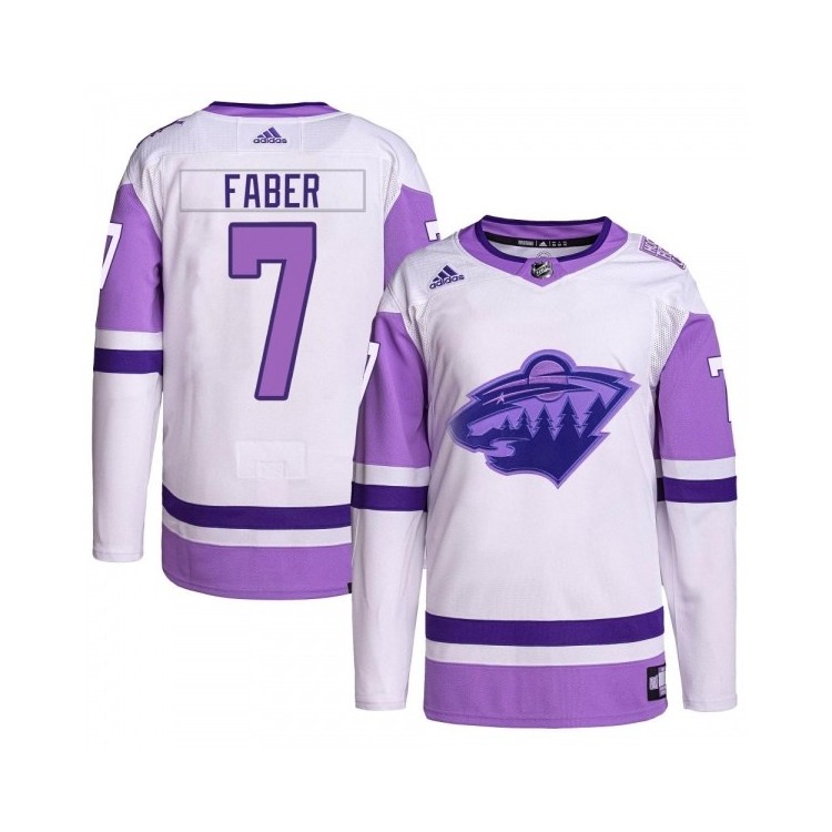 Youth Brock Faber MN Jersey Adidas Hockey Fights Cancer Primegreen Jersey - Authentic White/Purple